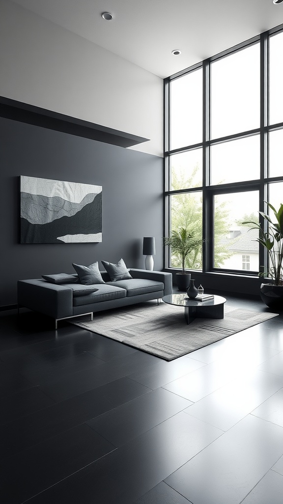 A sleek minimalist black living room featuring large windows, a dark color palette, and modern furniture.