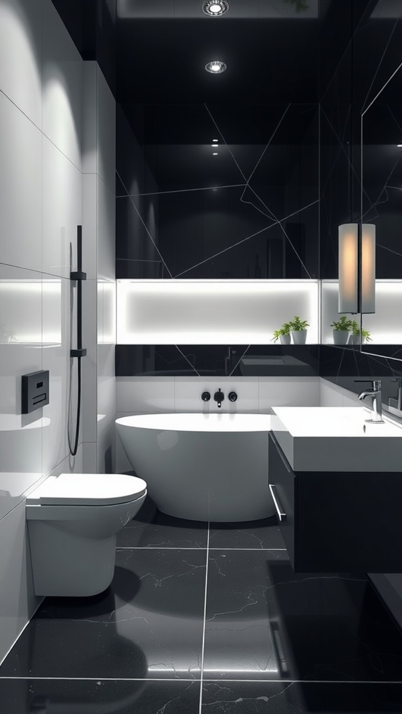 Modern bathroom design featuring black tiles, a white bathtub, and elegant lighting.