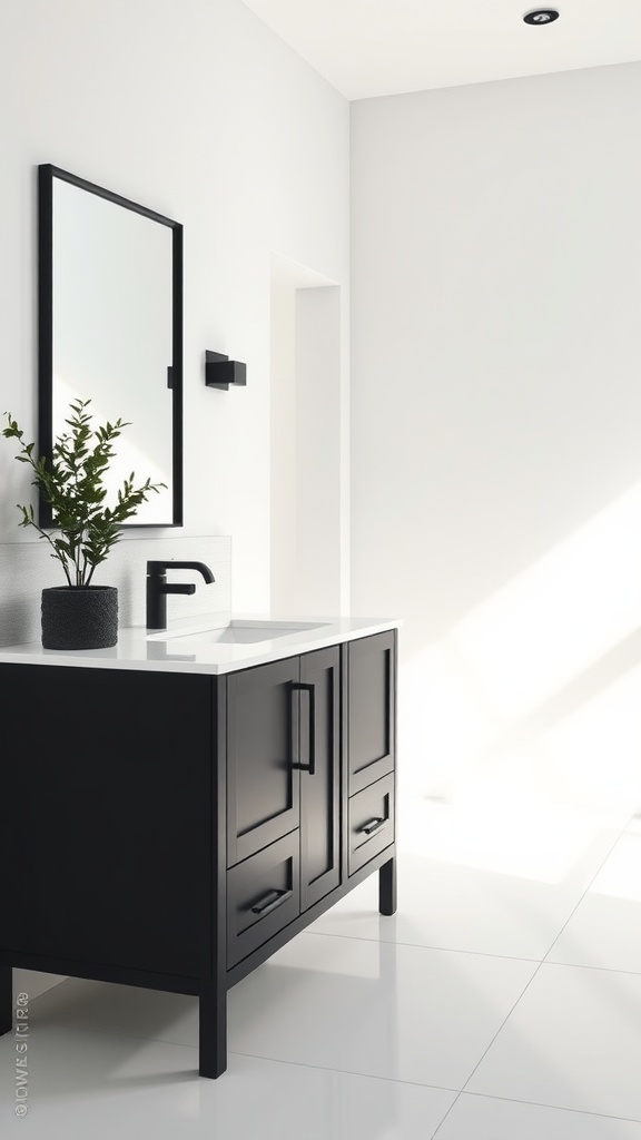 A sleek black bathroom vanity featuring a white countertop, a mirror, and a potted plant.