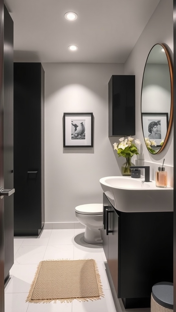 A modern small bathroom with black cabinets, a white sink, and stylish decor.