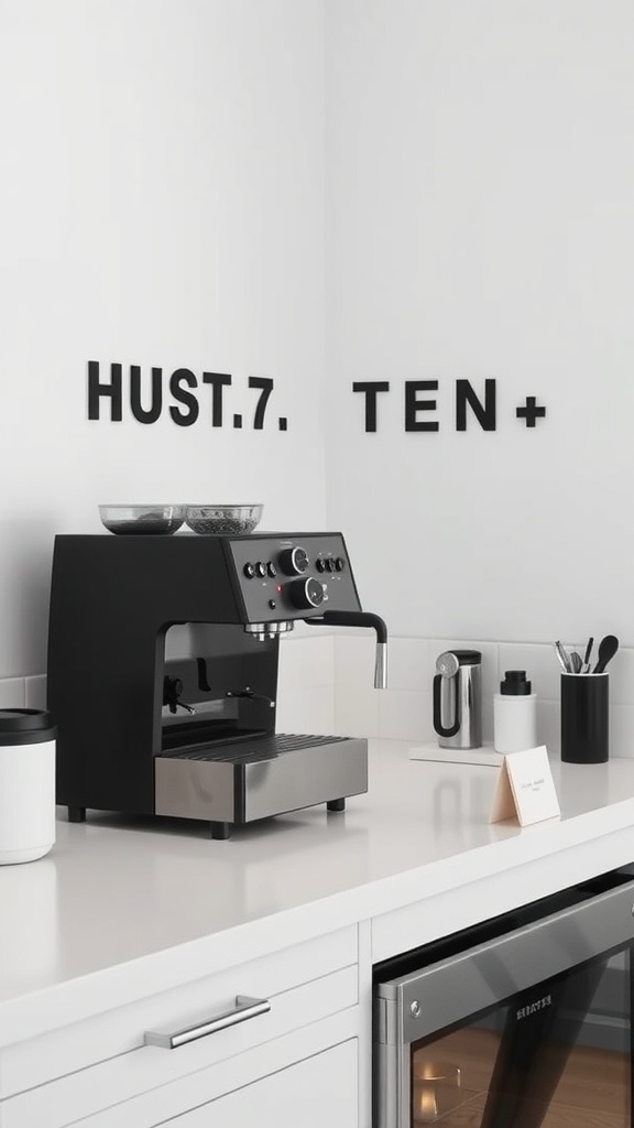 A minimalist coffee station featuring a black espresso machine on a white countertop, with a clean design and decorative wall letters.