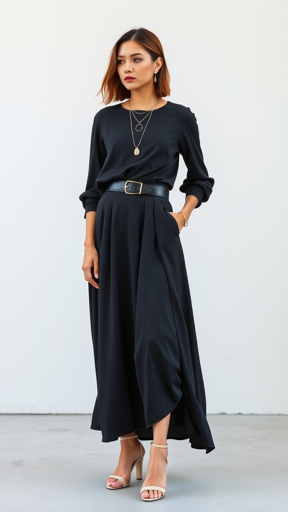 A model wearing an all-black silk maxi skirt outfit with a black top and nude heels.