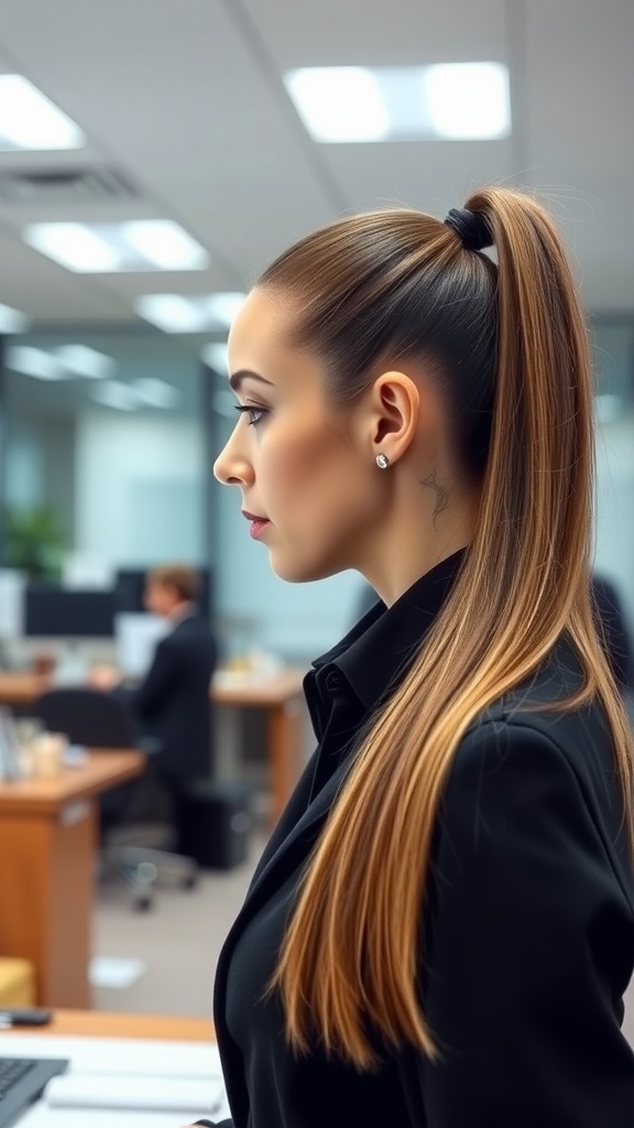 A woman with a sleek ponytail in a professional office environment.
