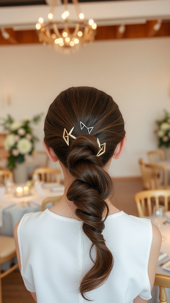 A sleek ponytail hairstyle adorned with geometric hair clips, showcased in a wedding setting.