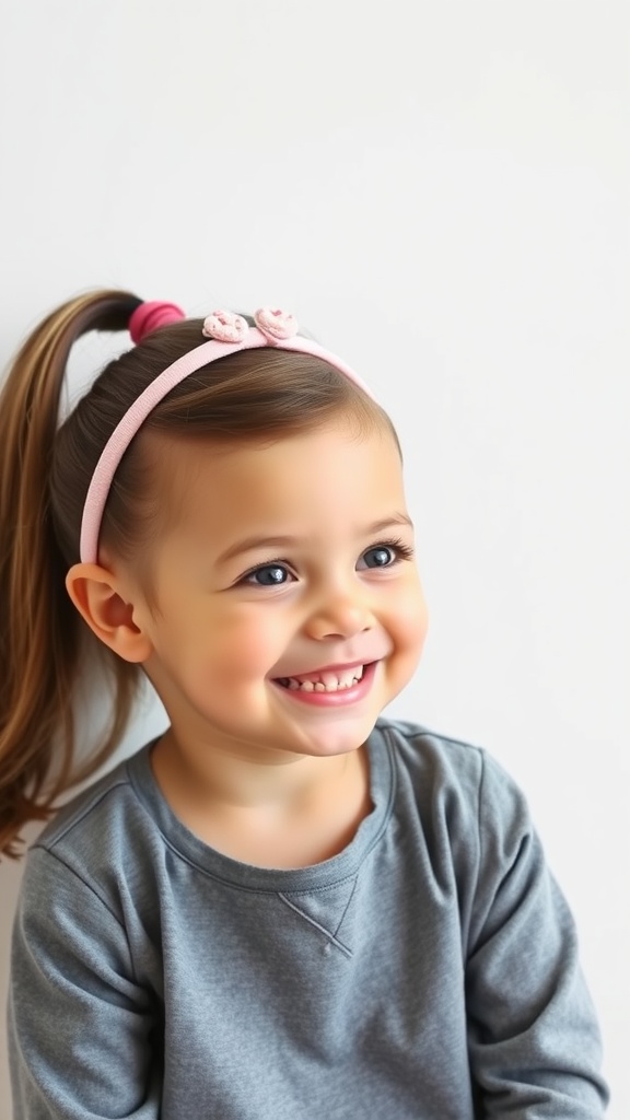 A happy toddler with a sleek ponytail and a pink headband with bows, smiling while wearing a gray sweatshirt.