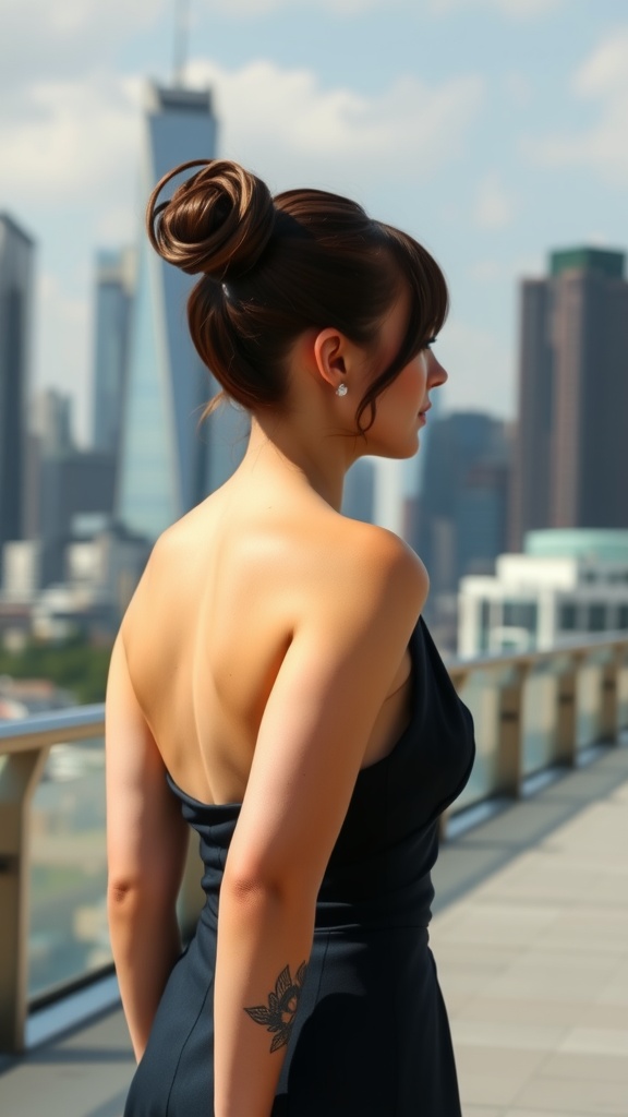 A woman with a sleek ponytail, dressed elegantly, stands against a city skyline.