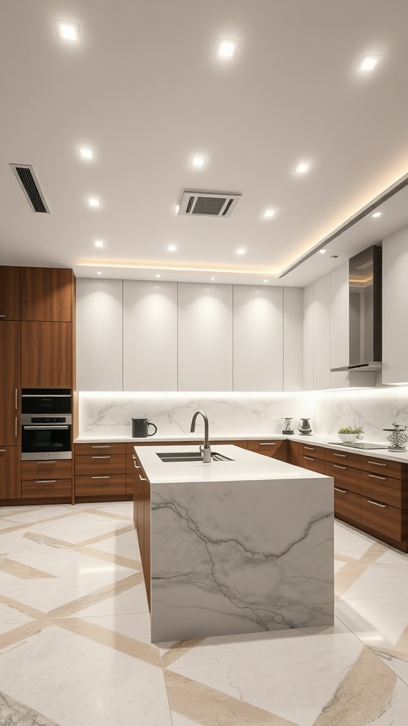 A modern kitchen with recessed lighting over a marble island, showcasing a clean and sleek design.