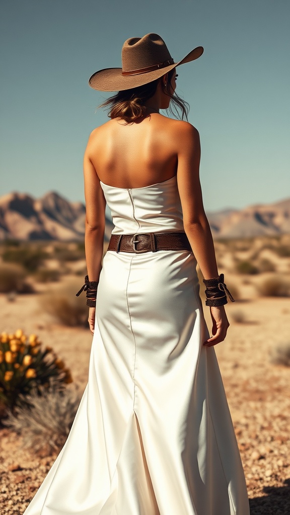 A woman in a sleek satin wedding dress with a cowboy hat and accessories in a desert landscape.
