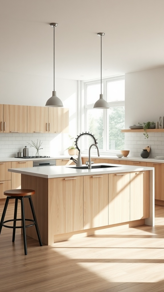 A sleek Scandinavian kitchen design featuring a wooden island, bar stool, and natural light.