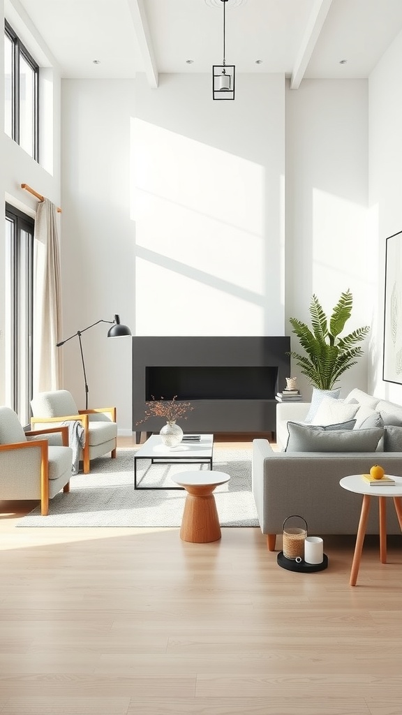 A sleek Scandinavian style living room with large windows, modern furniture, and a touch of greenery.