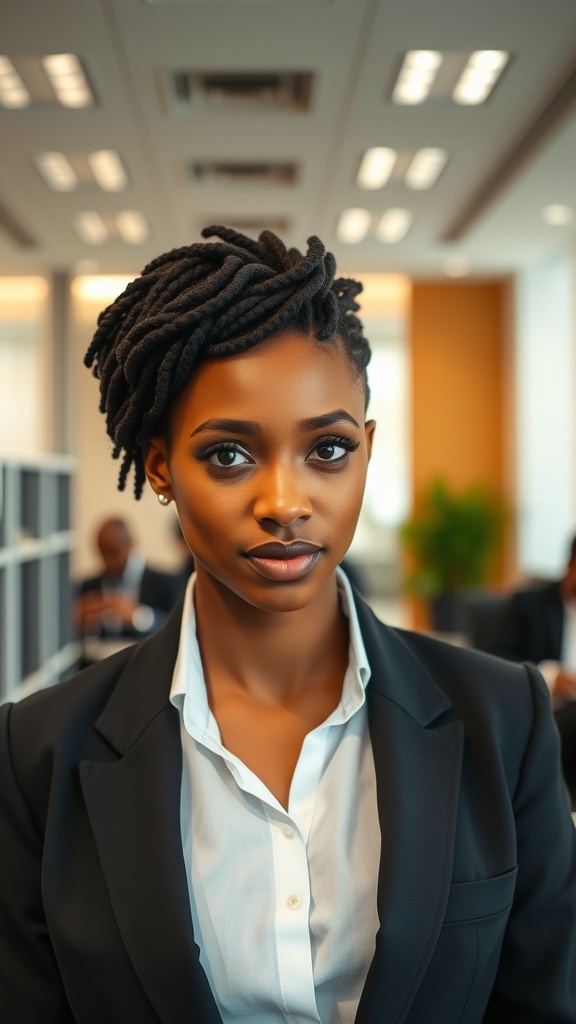 A confident individual with short, sleek locs wearing a blazer in a professional setting.