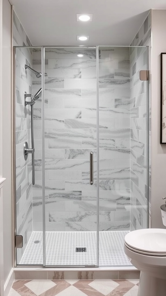 Sleek glass shower enclosure with gray patterned tiles and modern fixtures in a bathroom