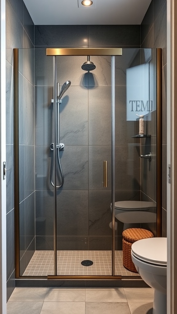 Sleek modern shower design in a small bathroom featuring glass enclosure and dark tiles