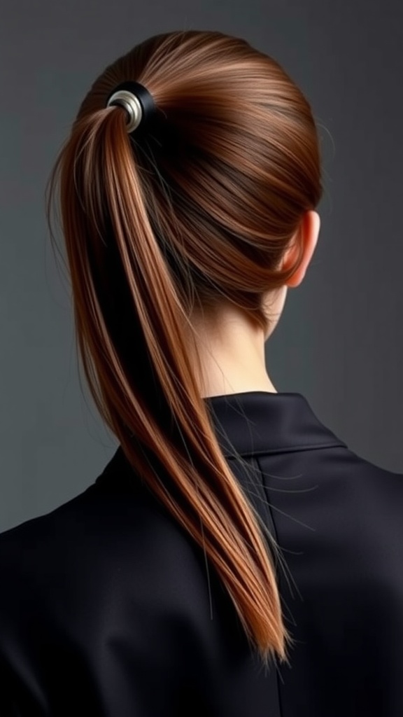A sleek side ponytail hairstyle with smooth, straight hair gathered to one side