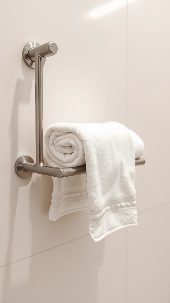 A sleek stainless steel towel bar holding a neatly rolled white towel.