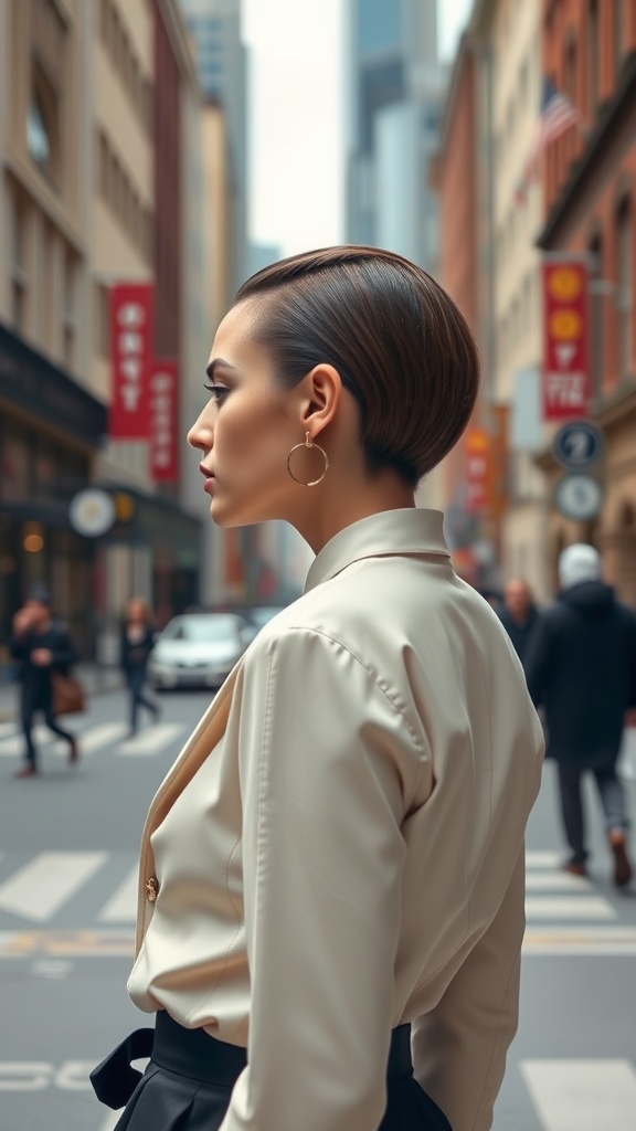 A model with a sleek straight back hairstyle standing in a city street.