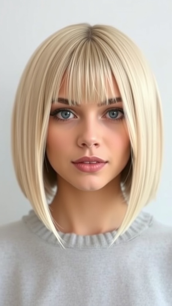 A model showcasing a sleek straight bob hairstyle with a center part, featuring a blonde color.