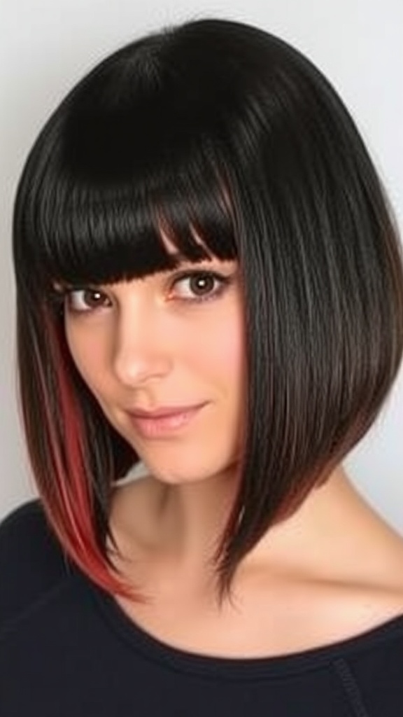 Sleek straight bob hairstyle with bangs and subtle color at the tips.