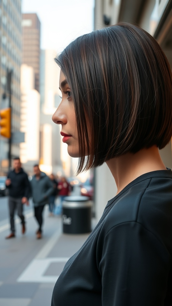 A woman with a sleek straight bob hairstyle and a middle part, standing on a city street.