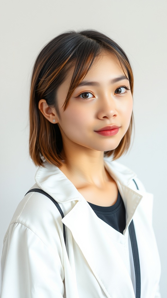 A young person with sleek straight hair styled in a middle part, wearing a white jacket.