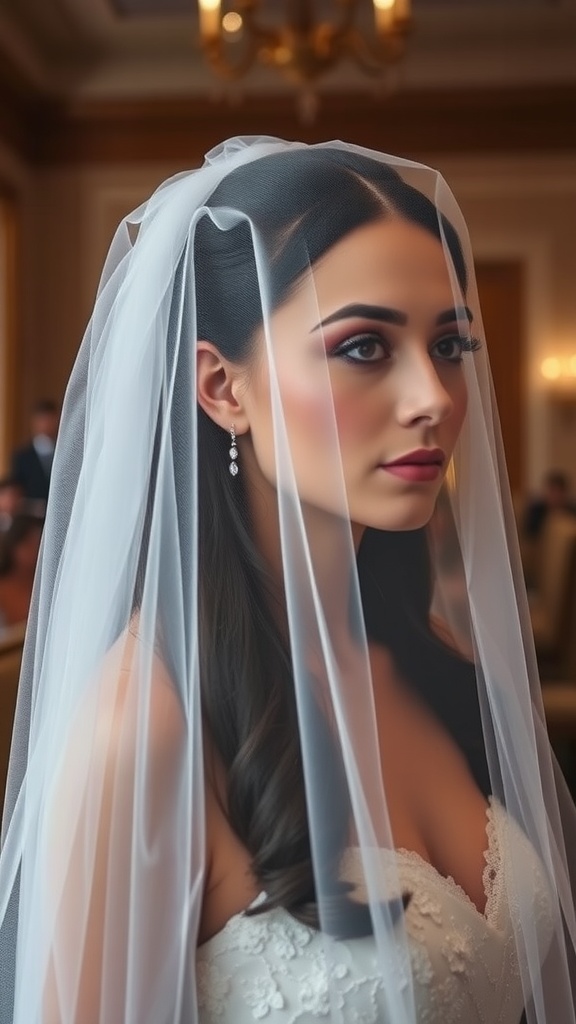 Bride with sleek straight hair and a beautiful veil, exuding elegance.