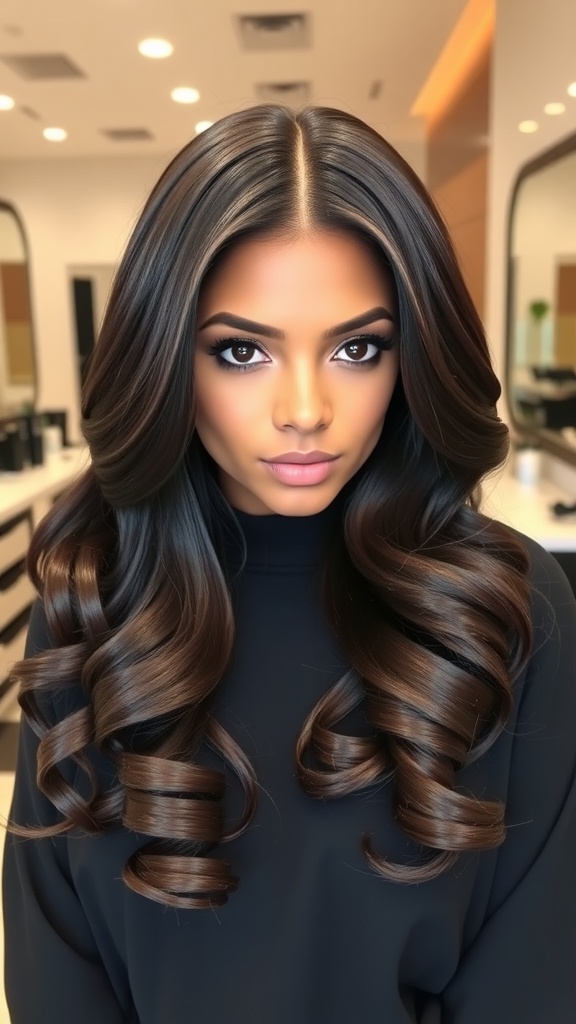 A woman with sleek straight half up half down quick weave hairstyle, showcasing glossy hair and loose waves.