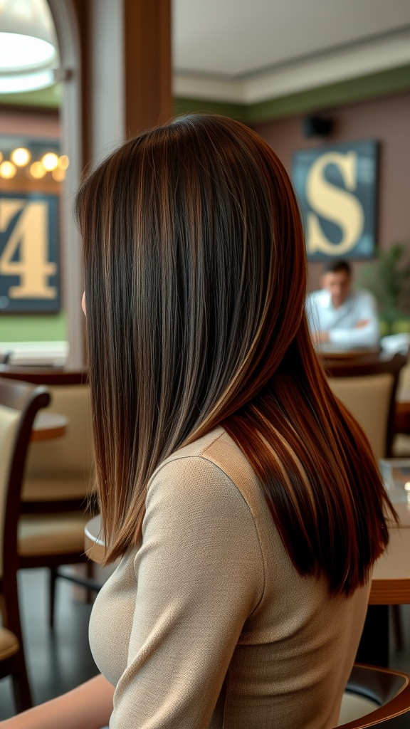 A woman with sleek straight lob hairstyle, sitting in a cafe.