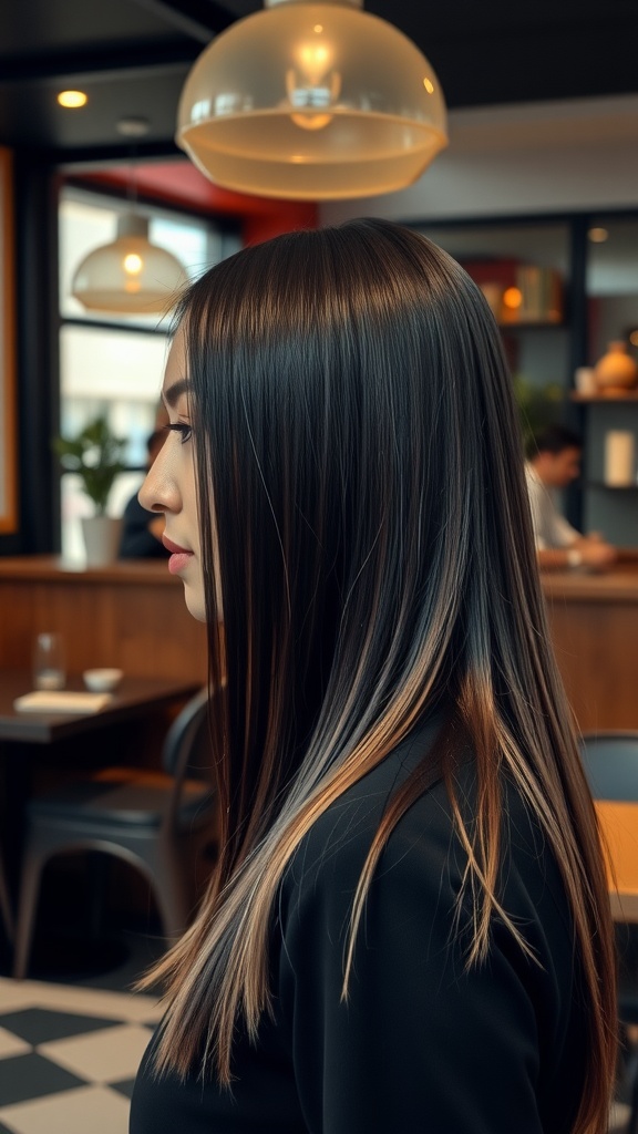 A woman with sleek straight hair styled in a mullet, showcasing straight layers and shine.