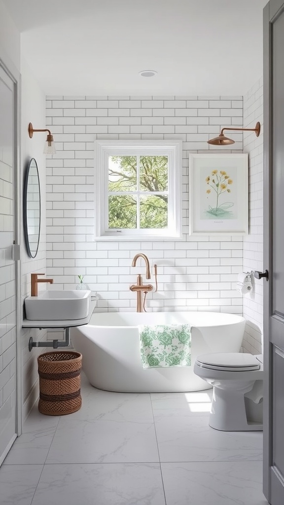A modern farmhouse bathroom featuring sleek subway tiles, a freestanding tub, and copper fixtures.
