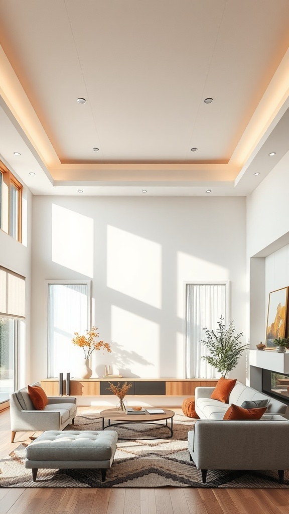 A modern living room featuring a sleek tray ceiling with soft lighting and stylish furniture.