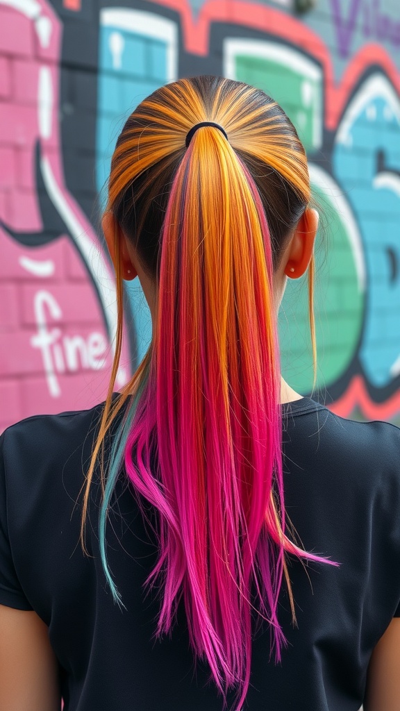 A woman with a slick back ponytail featuring vibrant orange, pink, and blue color accents, standing in front of a colorful graffiti wall.