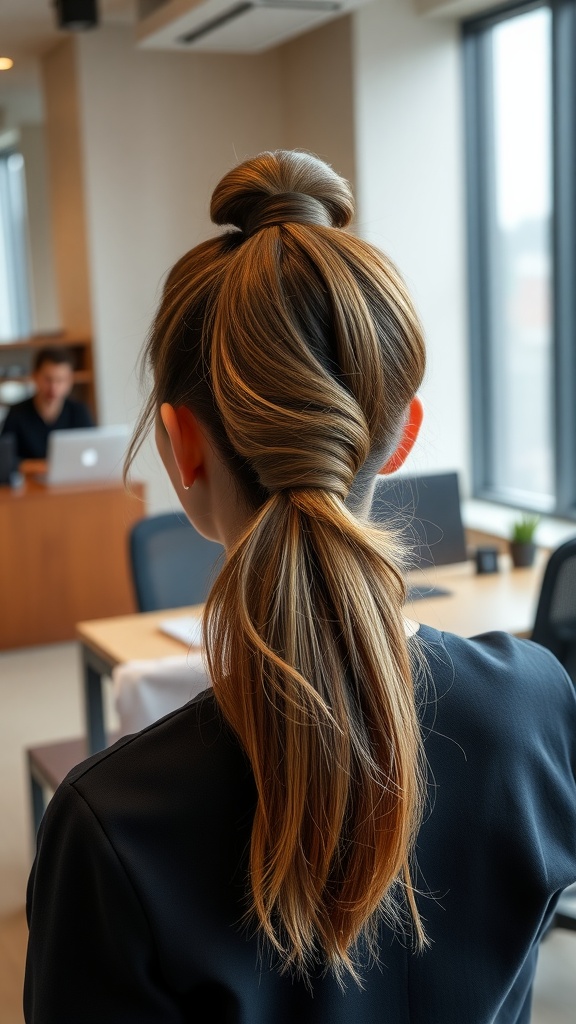 A woman with a slicked back ponytail and volume at the crown, showcasing a stylish hairstyle.