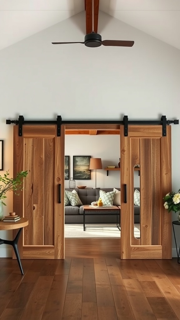 Wooden sliding barn doors opening to a cozy living room