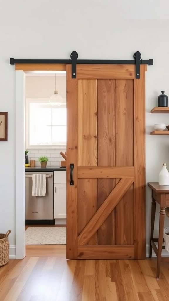 A sliding barn door made of wood, leading into a modern kitchen with sleek appliances.
