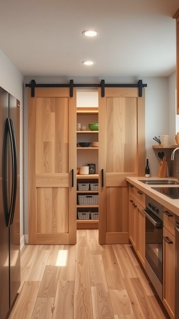 A small kitchen featuring wooden sliding doors and shelves, designed to save floor space.