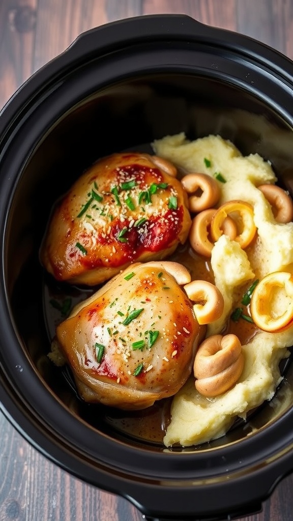 Slow Cooker Garlic Parmesan Chicken Thighs with mashed potatoes and mushrooms.