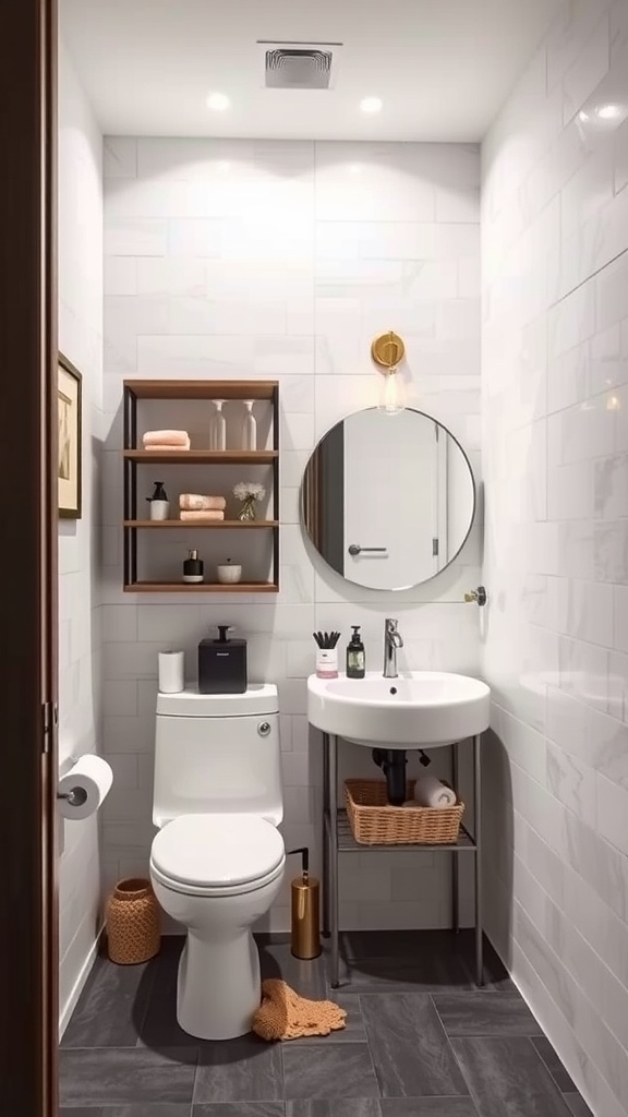 A modern small bathroom with a toilet, round sink, open shelving, and warm lighting.
