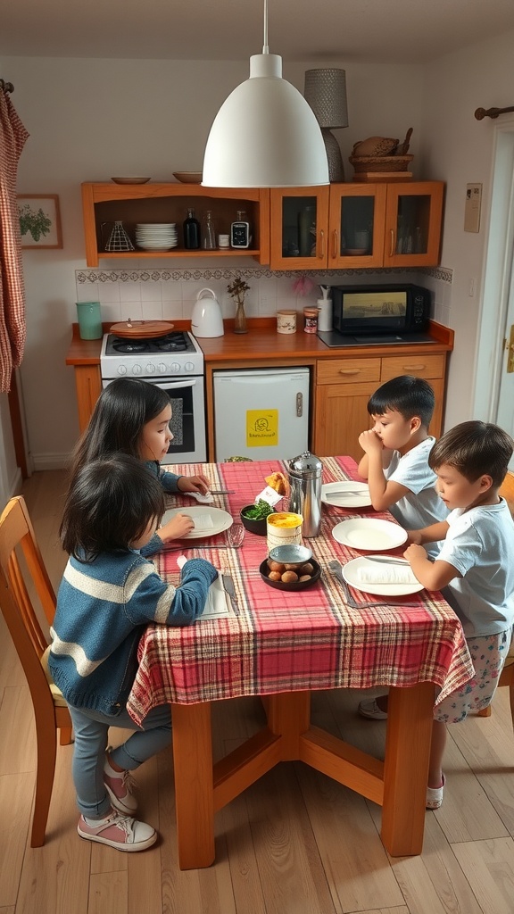 A small kitchen table with a plaid tablecloth, surrounded by children waiting for their meal in a cozy kitchen.
