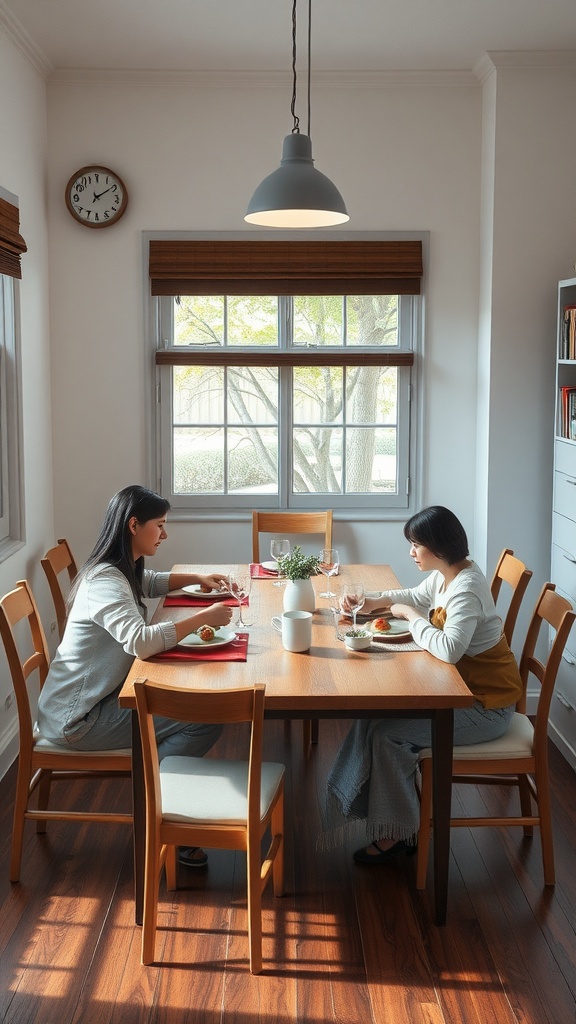 Two friends dining at a small kitchen table