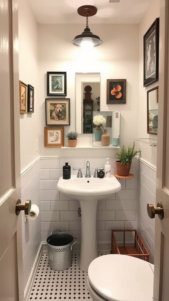 A small half bathroom featuring a variety of small scale artwork on the wall, including framed pictures and decorative elements.