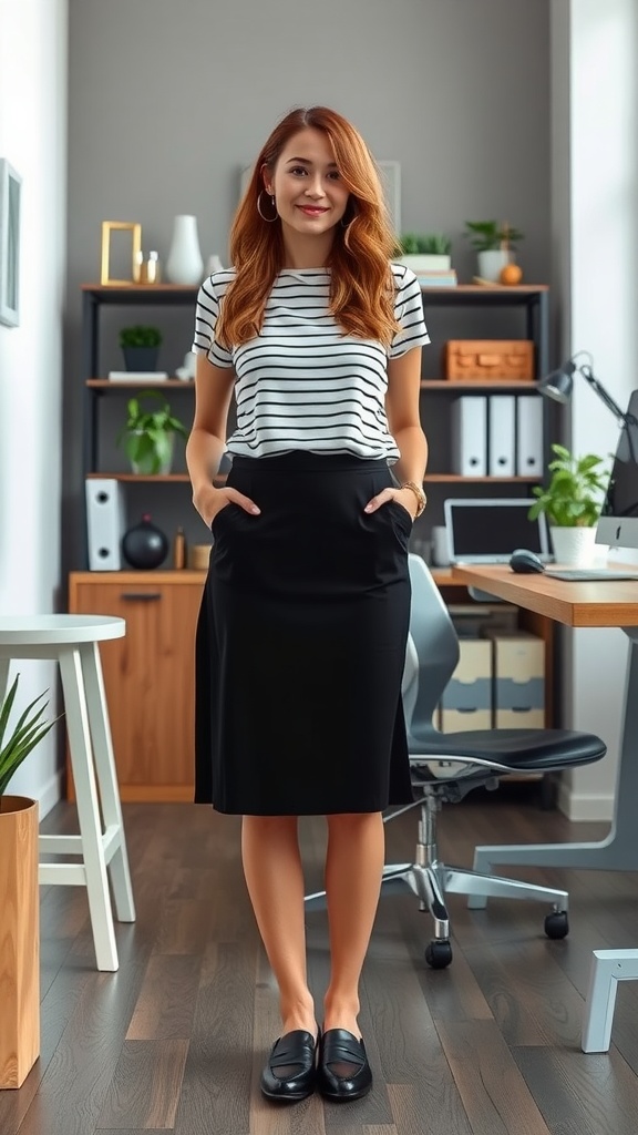 A person wearing a striped tee and a black pencil skirt, standing in an office environment.