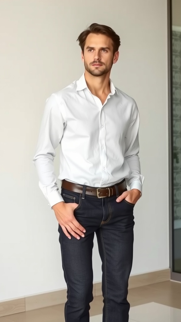 Man in a white button-up shirt and dark denim jeans, showcasing a smart-casual outfit.