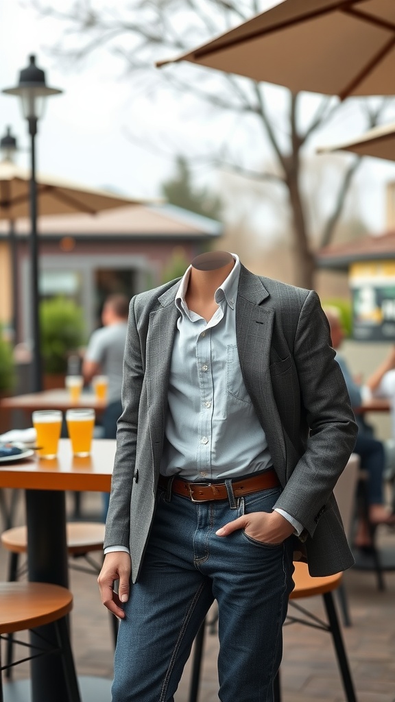 A stylish smart-casual outfit featuring a blazer, light blue shirt, and jeans, set in a brunch atmosphere.