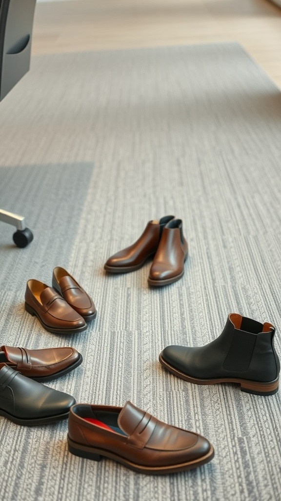 A variety of smart-casual footwear options laid out, including brown loafers and black Chelsea boots.