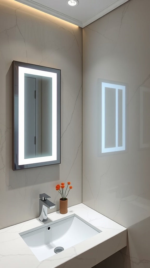 Modern guest bathroom with a smart mirror, sleek sink, and floral decor.