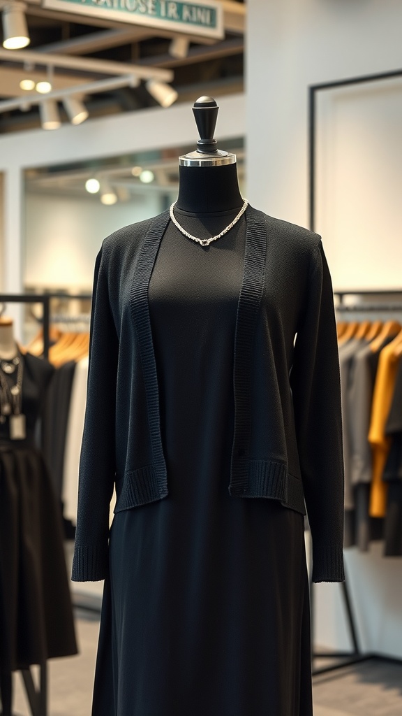 A black cardigan over a black dress displayed on a mannequin, set in a modern clothing store.
