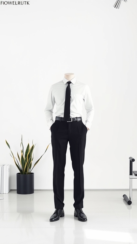 A mannequin wearing smart black trousers and a crisp white shirt, complemented by a black tie.
