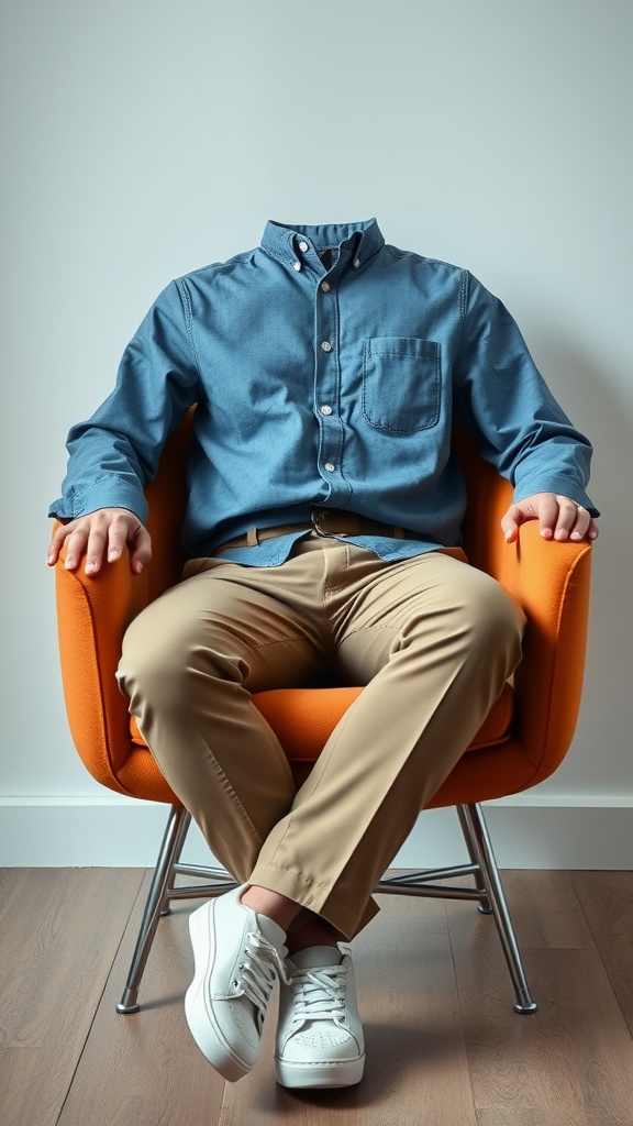 A smart casual outfit featuring a button-up shirt and khaki pants, emphasizing a relaxed yet polished style.