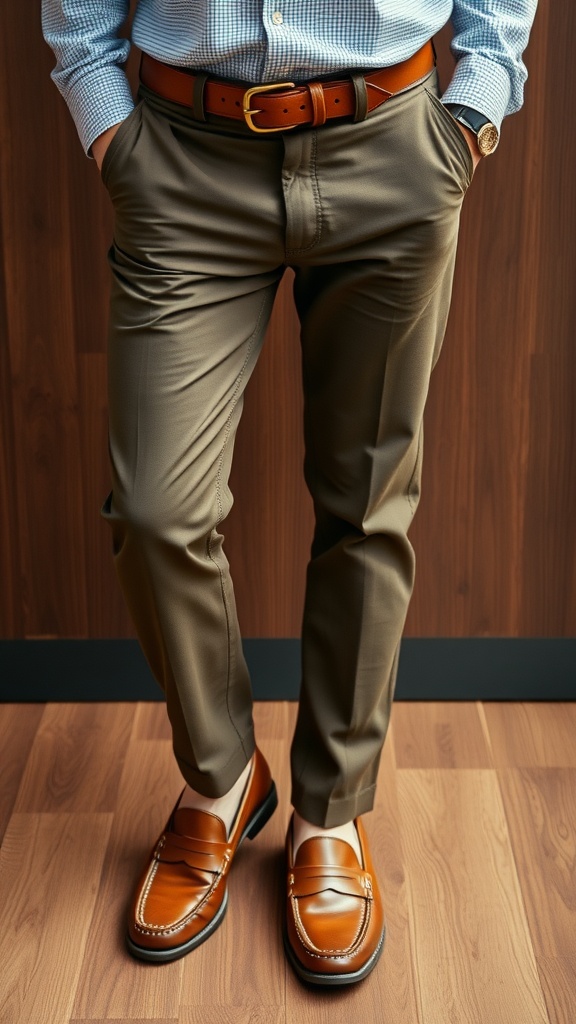 Smart casual outfit featuring chinos, a shirt, and loafers.