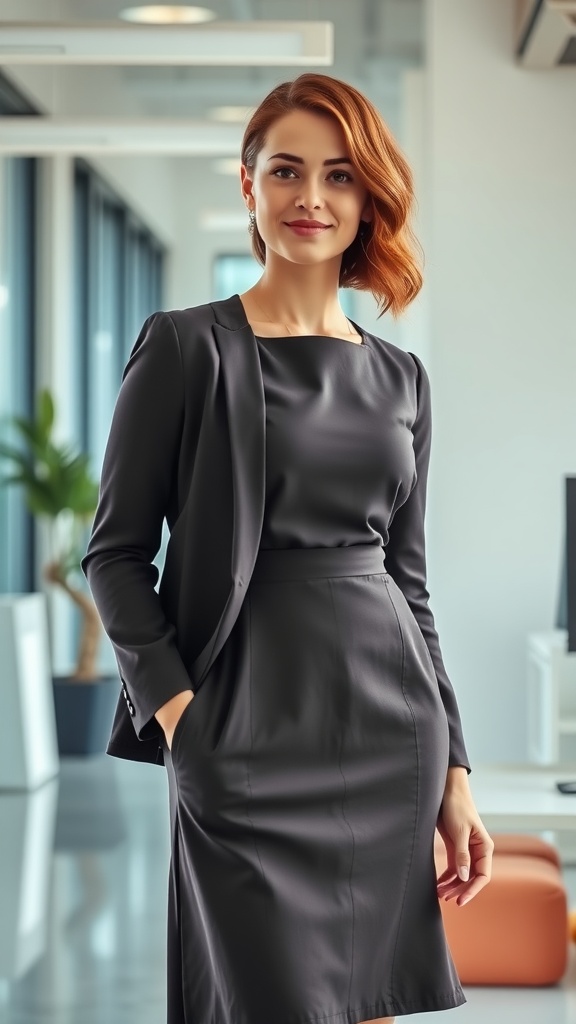A woman in a black smart casual dress with a matching blazer, smiling in a modern office setting.